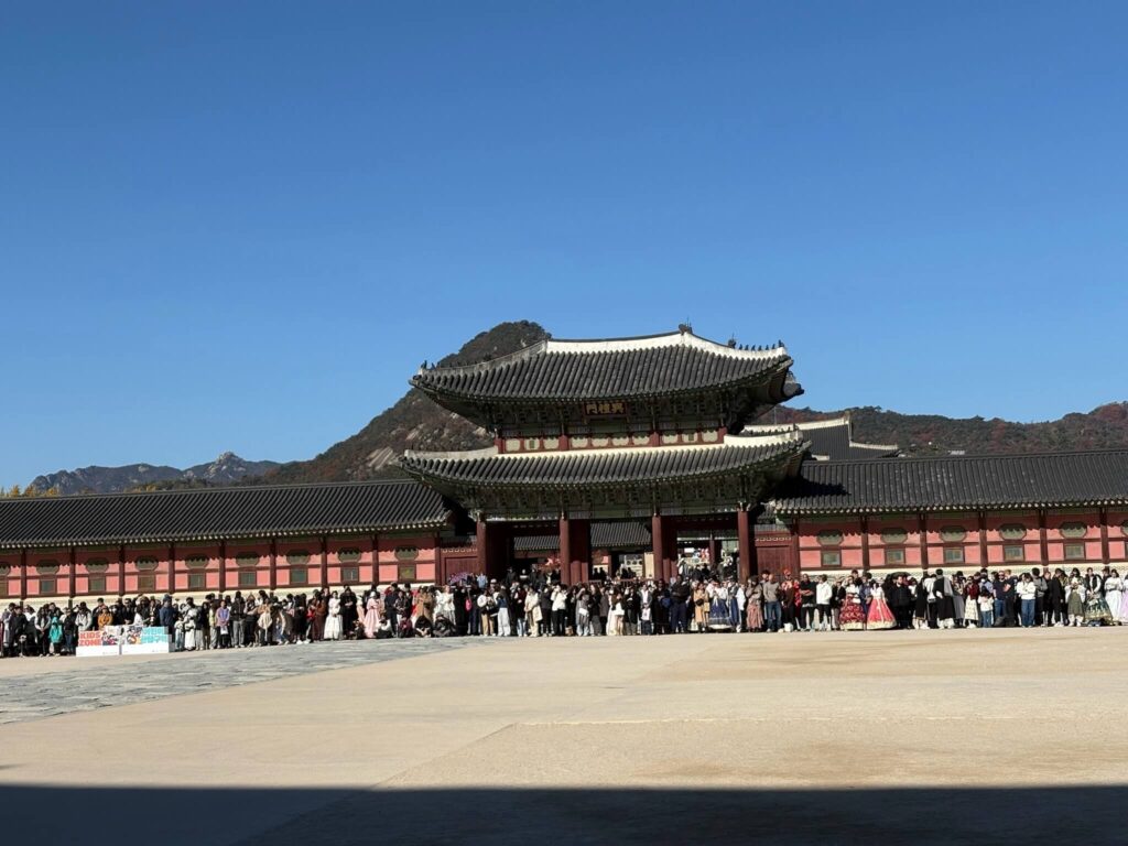 A scenic view of Gyeongbokgung Palace architecture in Seoul