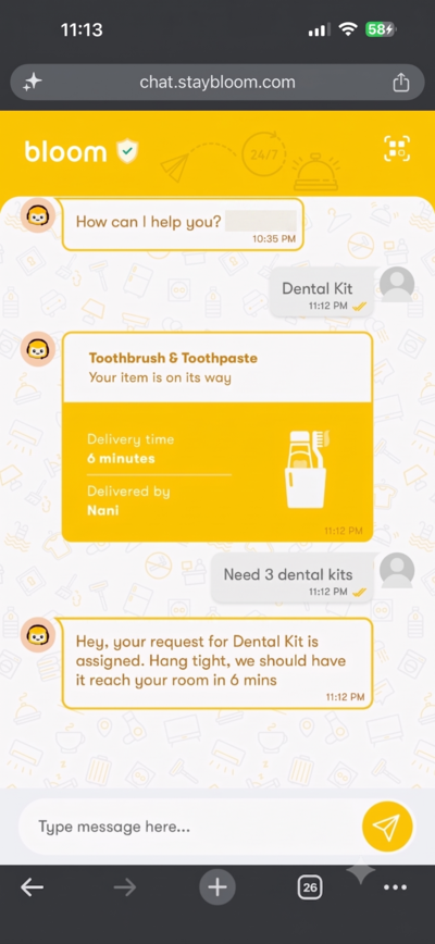 Mobile request interface for Bloom Hotel guest service items
